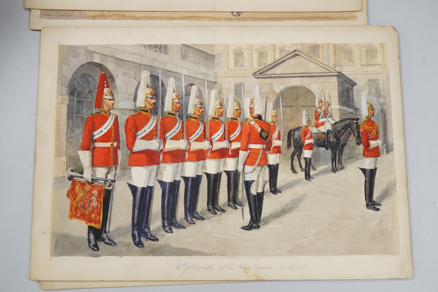 Charles Howard (19th/20th. C), London Pageantry scenes to include - Changing sentries at Buckingham Palace, Irish Guards at St. James's Palace and Lifeguards at Horseguards, some monogrammed, set of five original waterco
